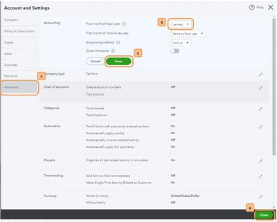 A screenshot showing how to set the fiscal year in QuickBooks Online.