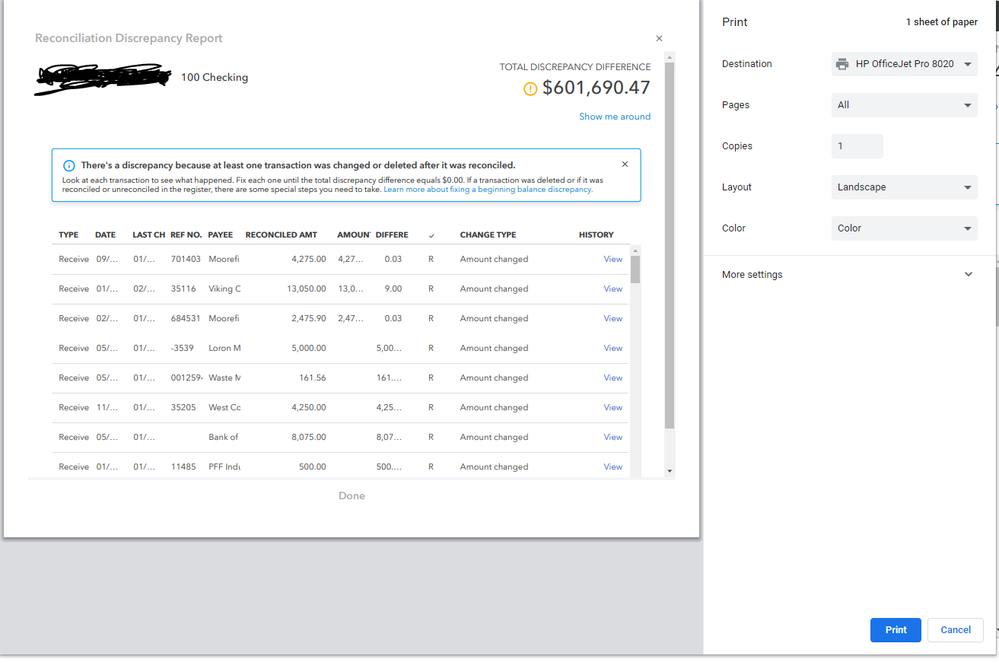 A screenshot showing the print screen of a Reconciliation Discrepancy Report in QuickBooks Online.