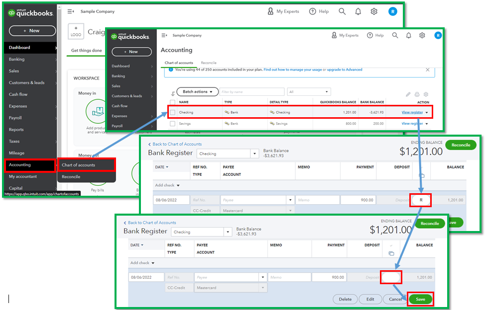 A screenshot showing the steps to unreconcile transactions in QuickBooks Online.