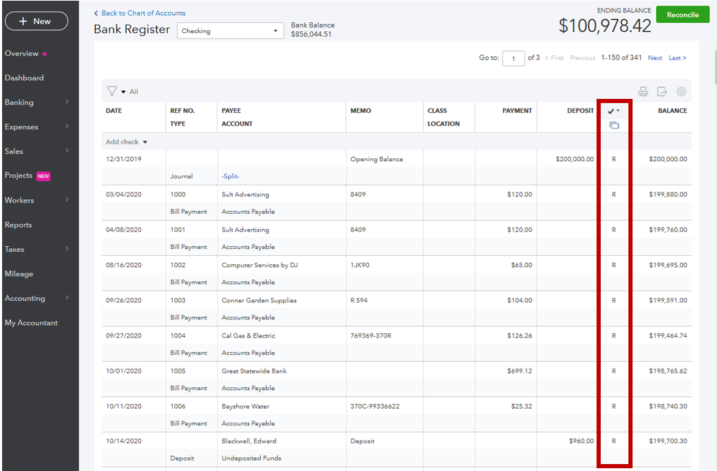 A screenshot of the reconciliation screen in QuickBooks Online, with the "R" column highlighted.