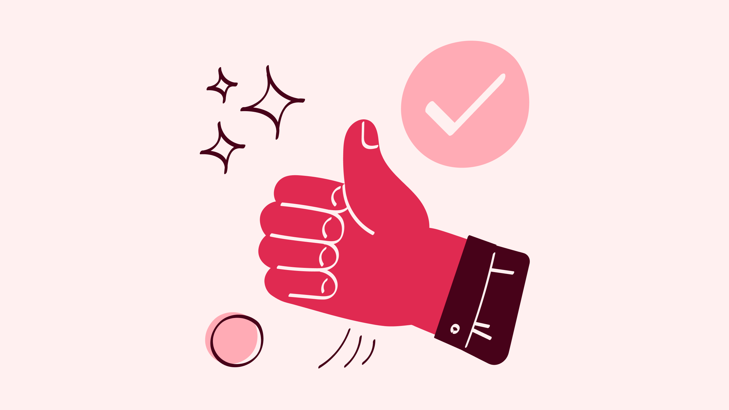 Fuchsia illustration of a hand giving a thumbs up, with a checkmark next to it.