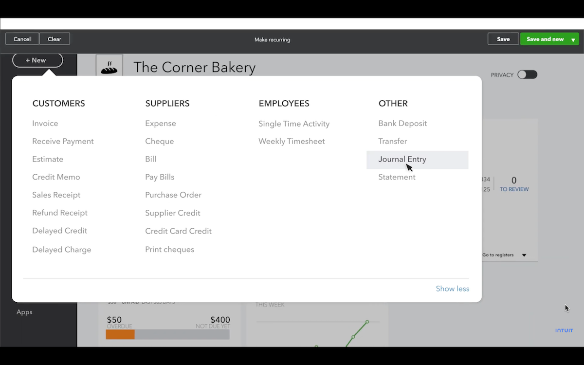 A screenshot showing how to make a journal entry in QuickBooks Online