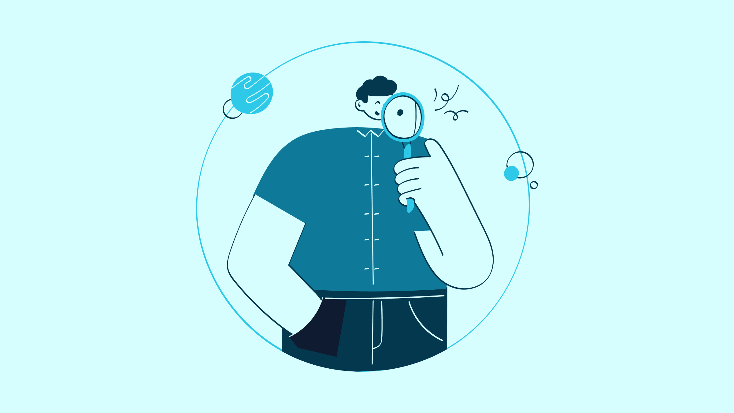 A teal illustration of a person with a magnifying glass.