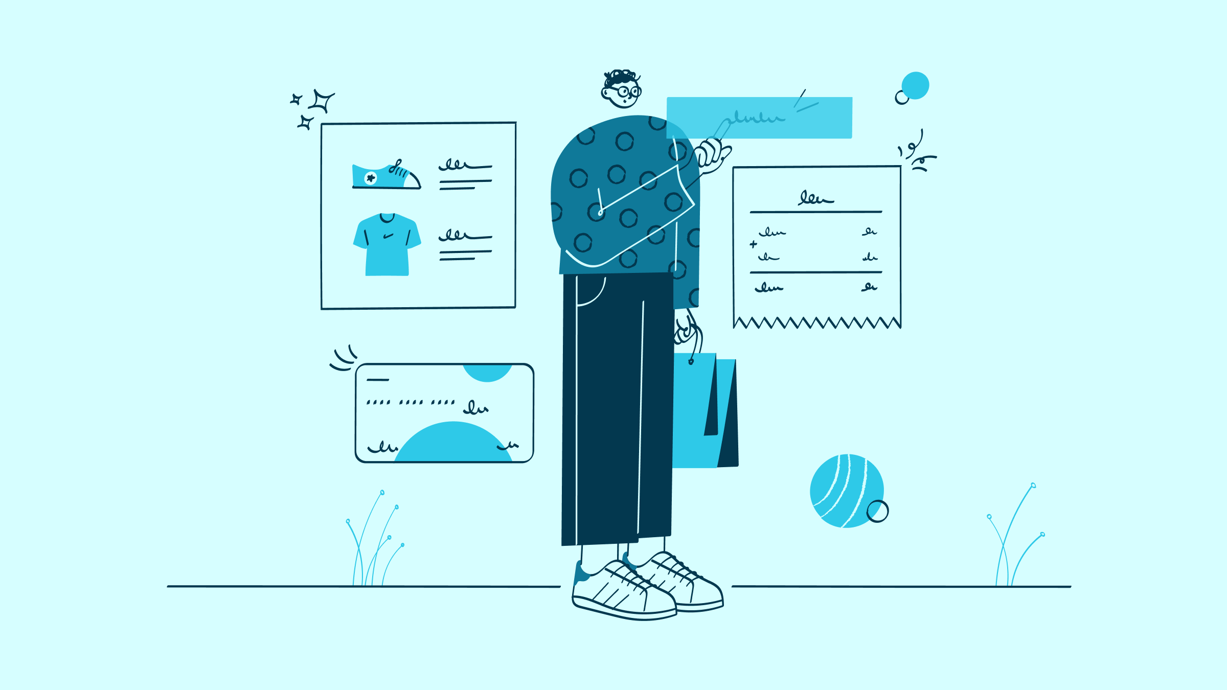 A teal illustration of a person online shopping.