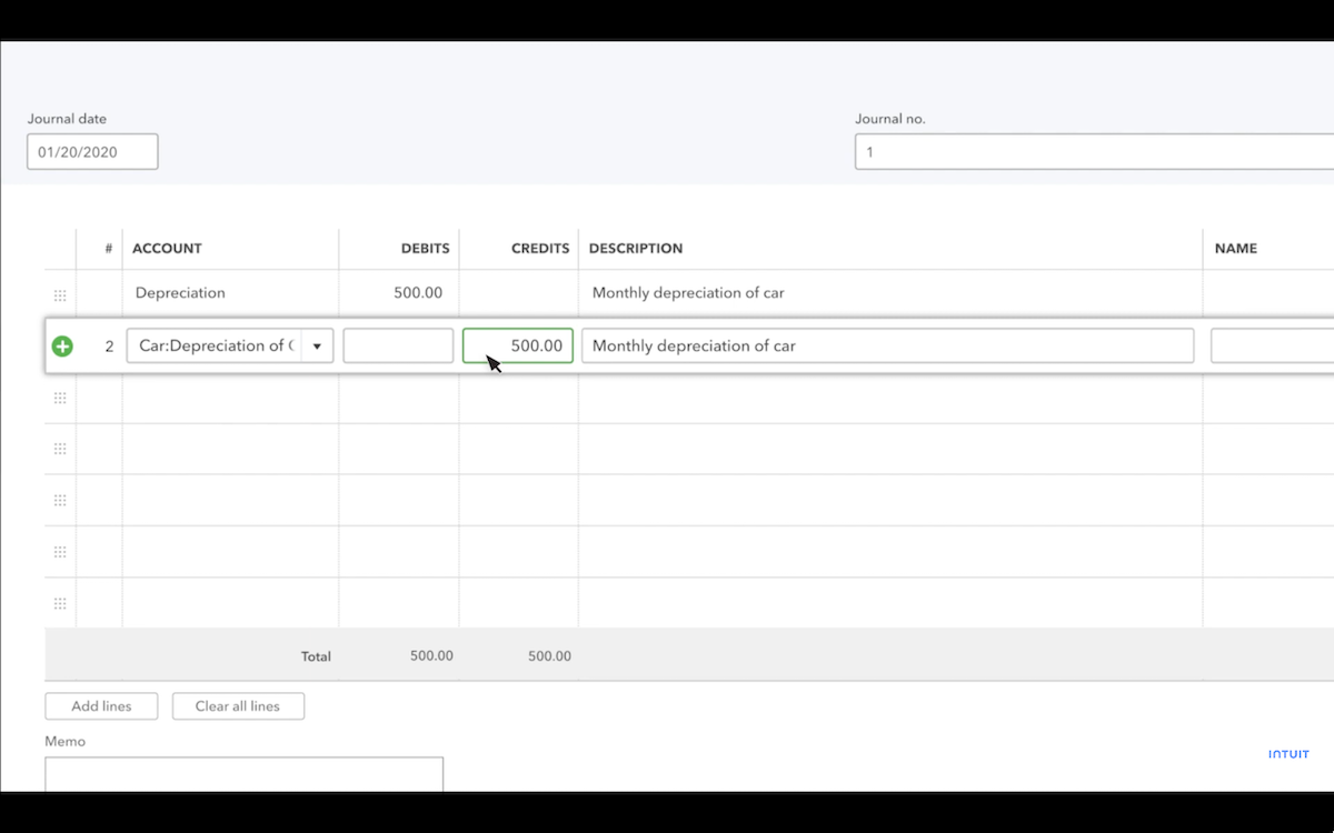 A screenshot showing an example of a journal entry in QuickBooks Online