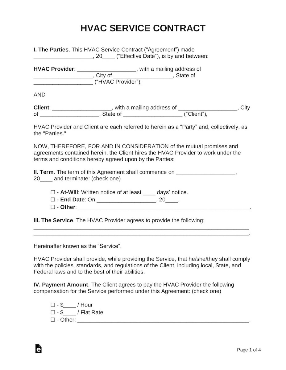 An example of an HVAC service contract template.