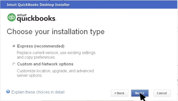 Screenshot showing options when installing QuickBooks Desktop.