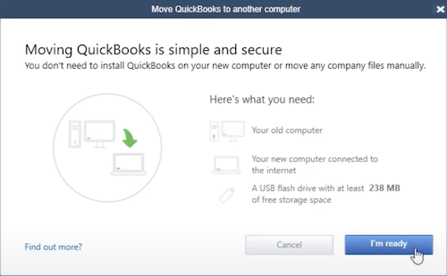 Screenshot showing the confirmation prompt to begin moving QuickBooks Desktop to a new computer.