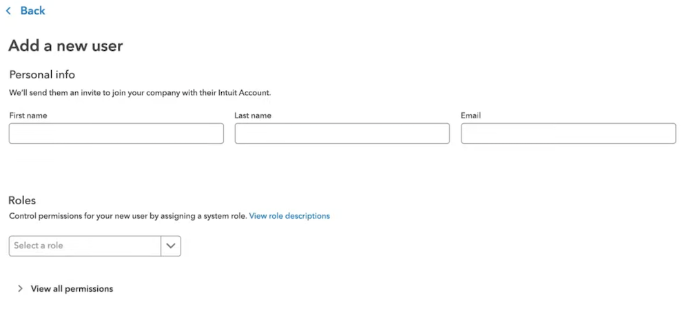 Screenshot showing the details you need to enter for a new user in QuickBooks Online.