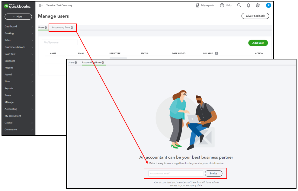 Screenshot showing where you can invite accountants in QuickBooks.