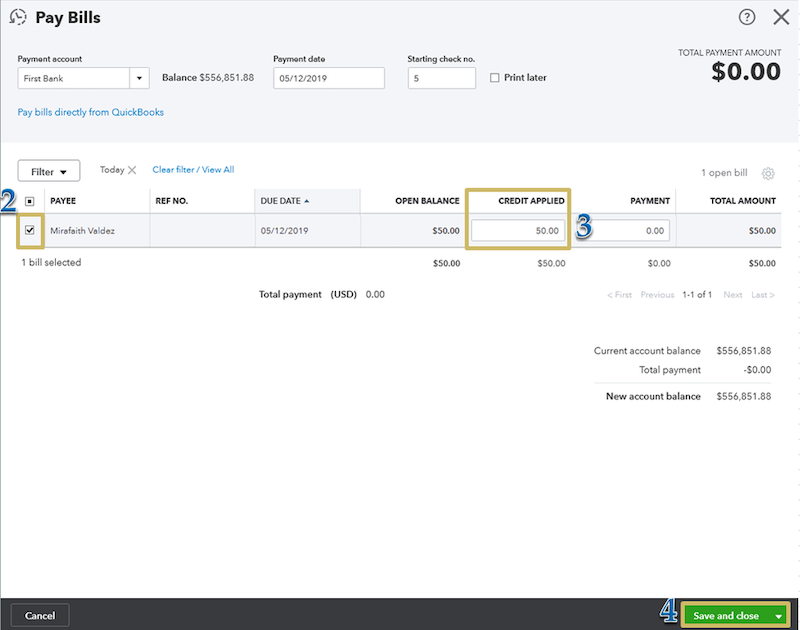 Screenshot showing vendor credit details in QuickBooks Online.