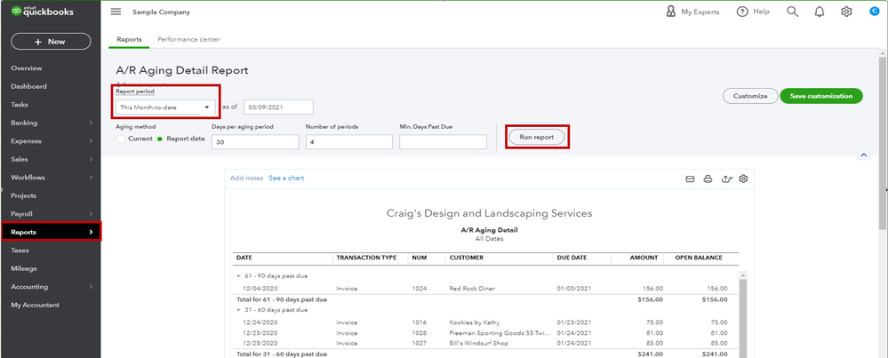 Screenshot showing the Accounts Receivable Aging Detail Report in QuickBooks Online.