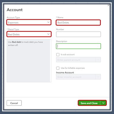 Screenshot showing how to add a bad debt in QuickBooks Onlne.