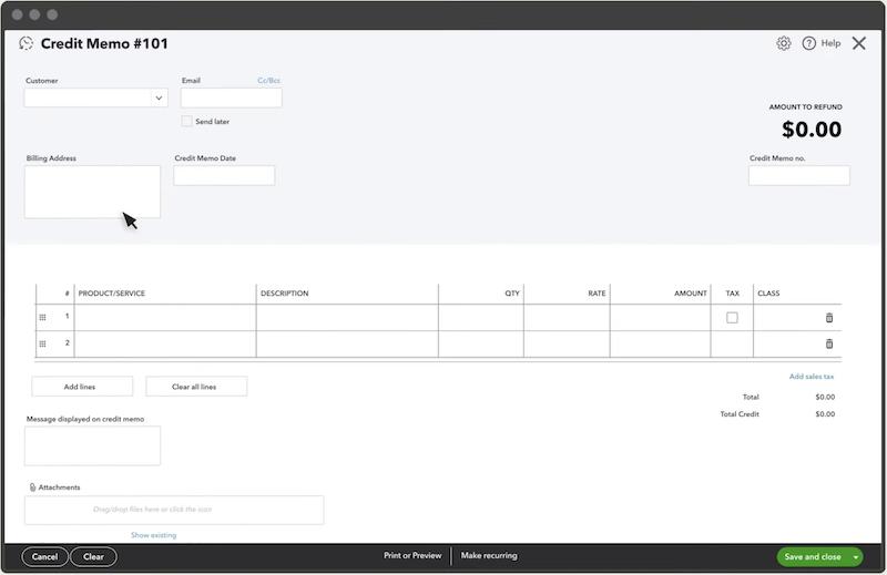 Screenshot showing the new credit memo screen in QuickBooks Online.