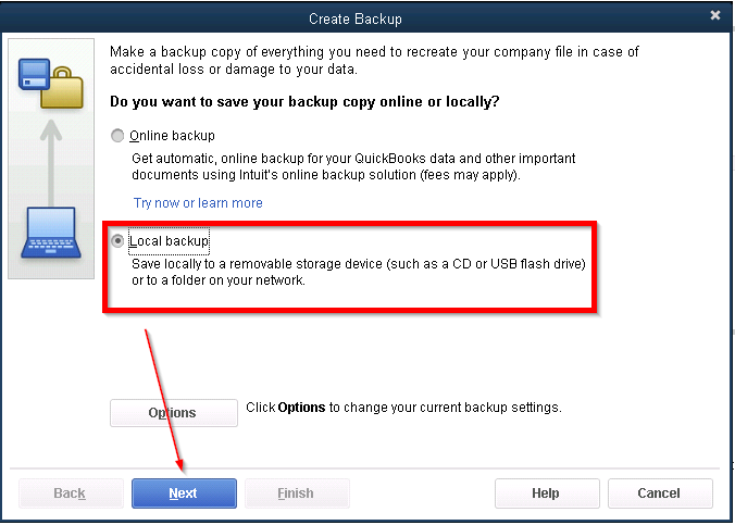 Screenshot showing how to back up QuickBooks Desktop locally.