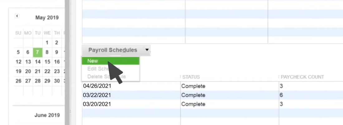 Screenshot showing how to make a new payroll schedule in QuickBooks Desktop.