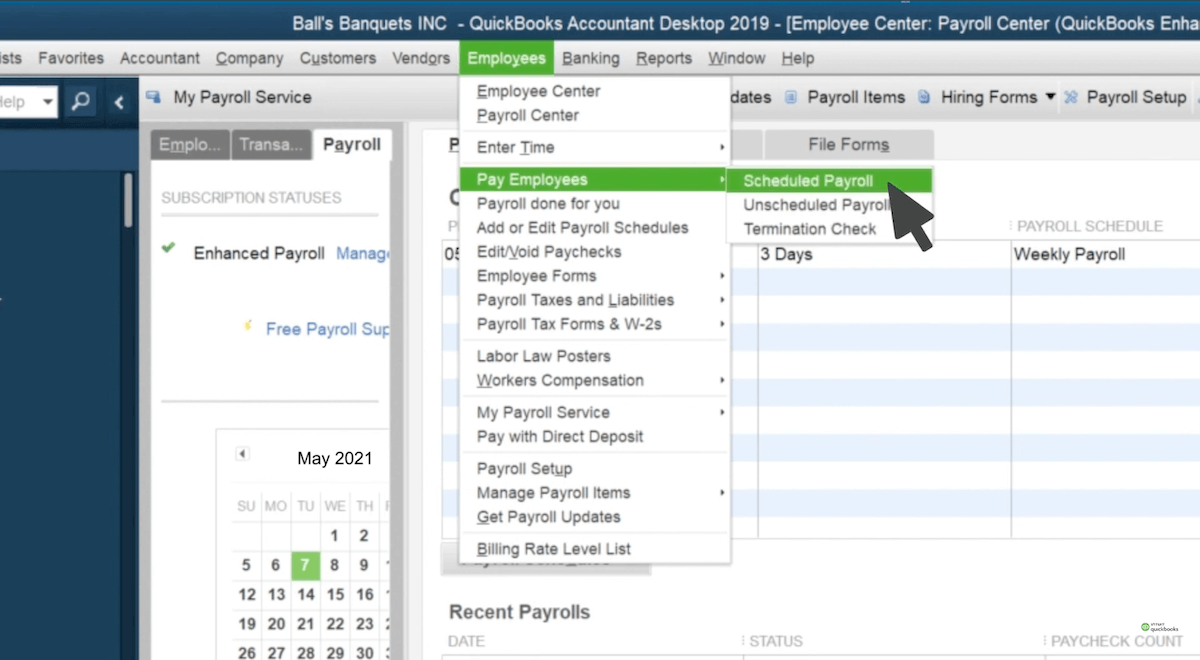 Screenshot showing the "Pay employees" option in QuickBooks Desktop