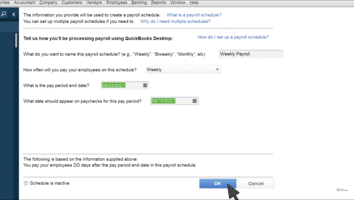 Screenshot showing the fields to fill in for scheduled payroll in QuickBooks Desktop