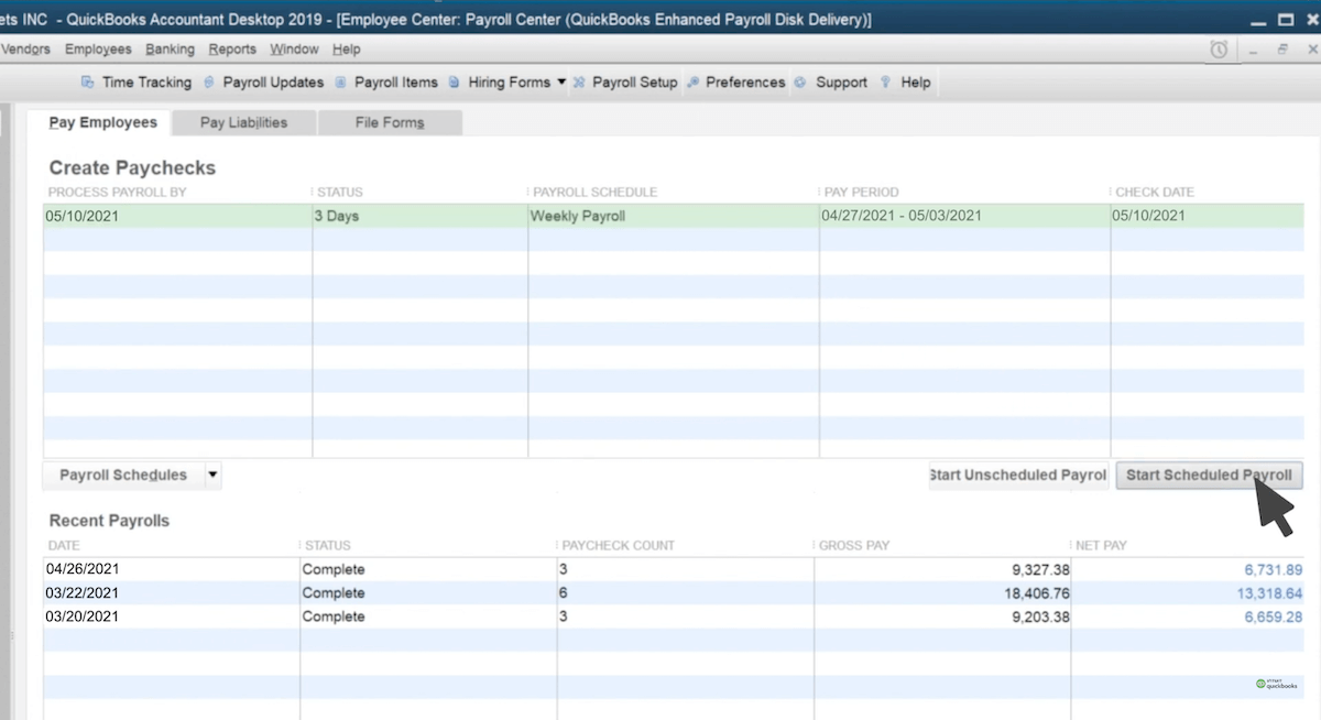 Screenshot showing how to start scheduled payroll in QuickBooks Desktop.