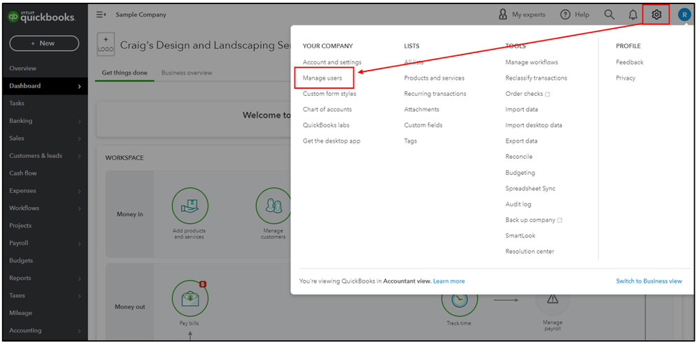 Screenshot showing where the "Manage users" function is in QuickBooks Online.