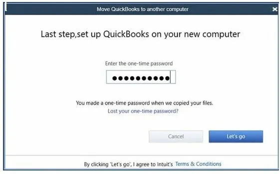 Screenshot showing the password prompt on the new computer that QuickBooks Desktop is being transferred to. 