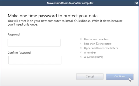 Screenshot showing the one-time password prompt in the QuickBooks Migrator Tool.