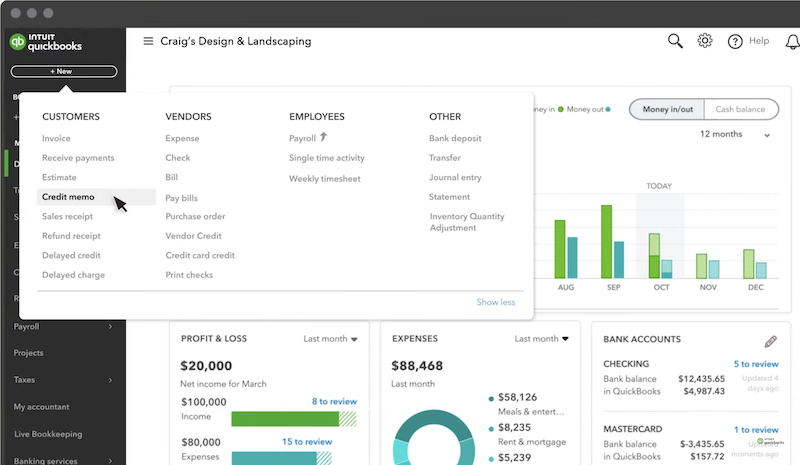 Screenshot showing how to create a new credit memo in QuickBooks Online.