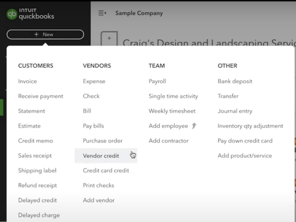 Screenshot showing how to create a new vendor credit in QuickBooks Online.