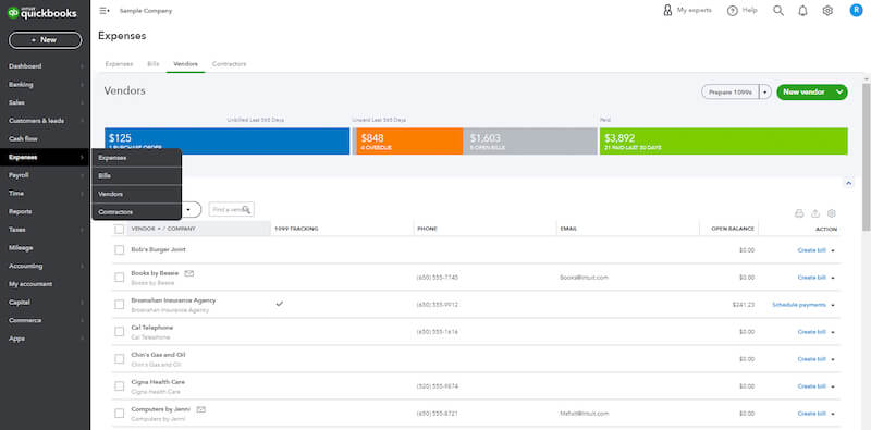 Screenshot showing the Expenses menu in QuickBooks Online.