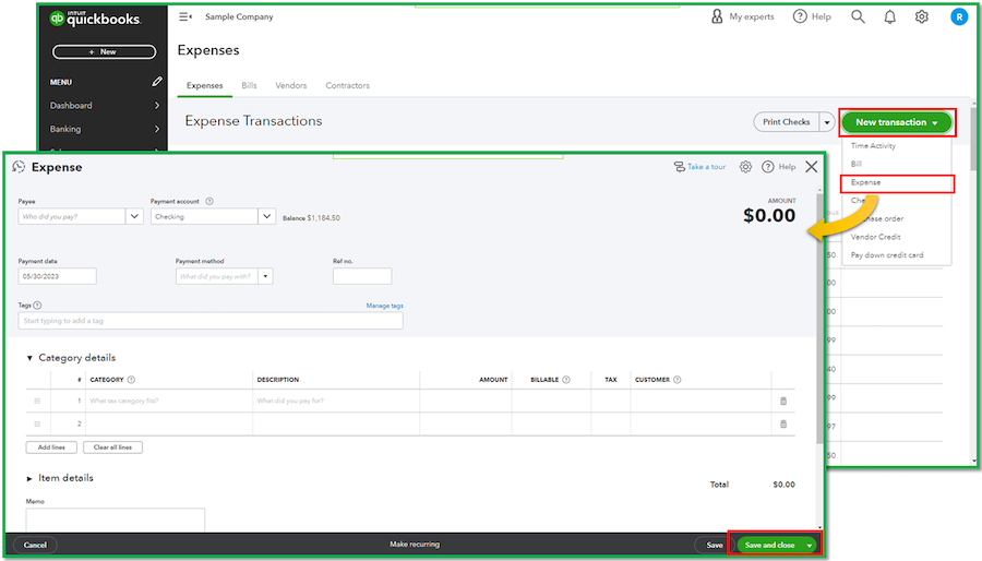 Screenshot illustrating how to create a new transaction in the Expenses tab in QuickBooks Online.