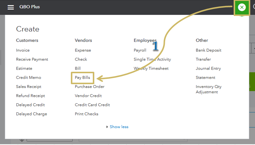 Screenshot showing where to access the "Pay Bills" screen in QuickBooks Online.