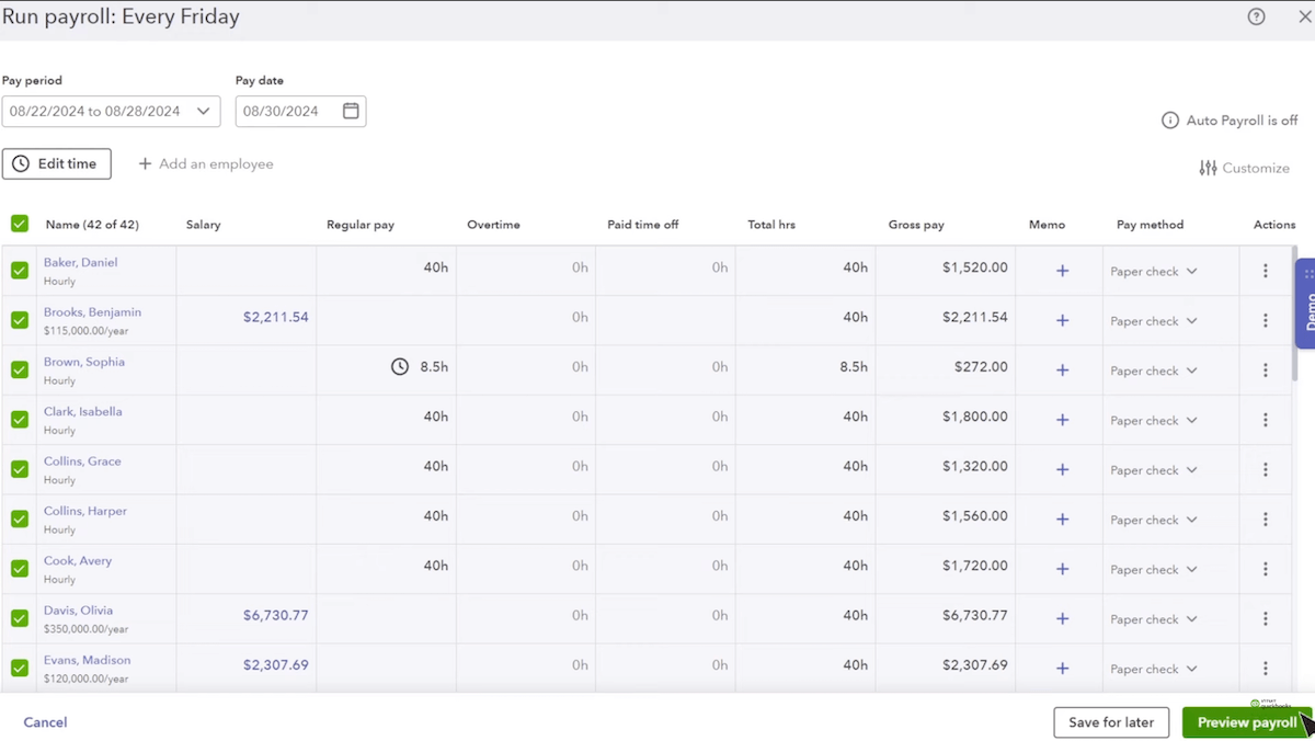 Screenshot showing the list of employees for payroll in QuickBooks Online.