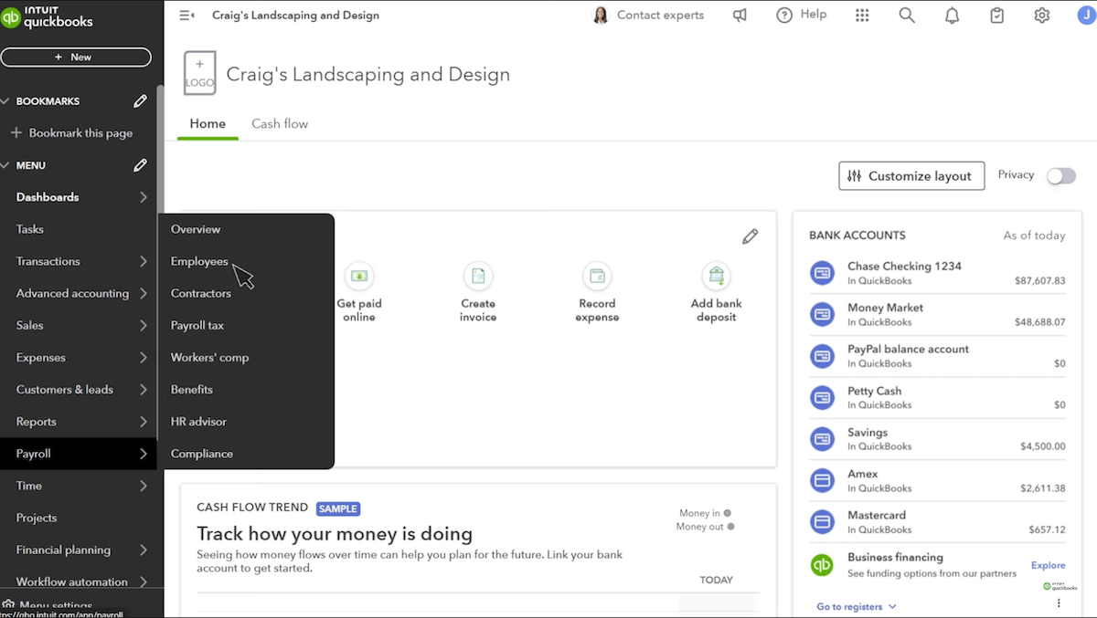 Screenshot showing how to access employee payroll in QuickBooks Online.