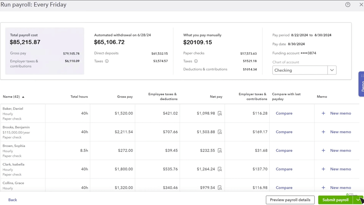 Screenshot showing a preview of running payroll in QuickBooks Online.