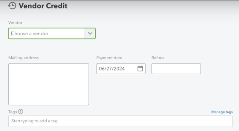 Screenshot showing the details screen of a vendor credit in QuickBooks Online.