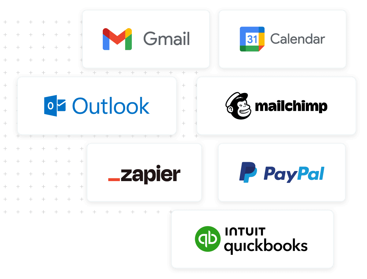 Graphic showing how Method integrates with Gmail, Google Calendar, Outlook, Mailchimp, Zapier, PayPal, and QuickBooks.