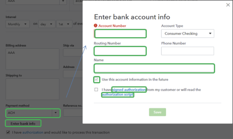 Screenshot showing ACH options in QuickBooks Online.