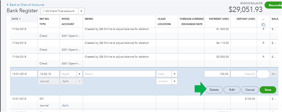 Screenshot showing how to delete journal entries in QuickBooks Online