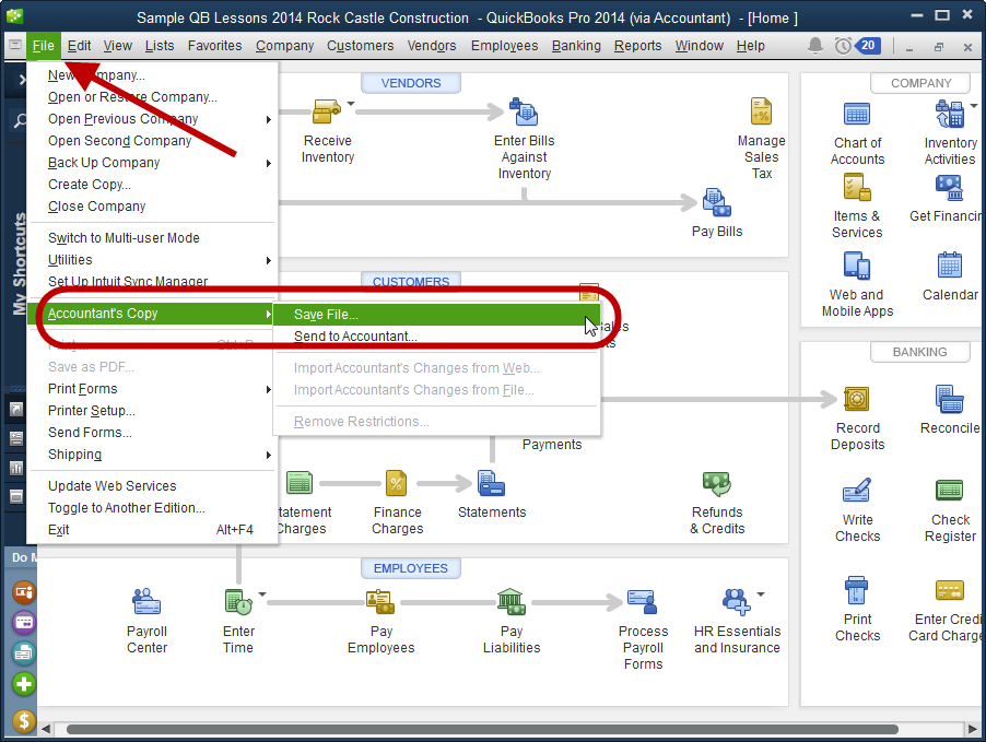 Screenshot showing how to access the "Accountant's Copy" feature in QuickBooks Desktop.