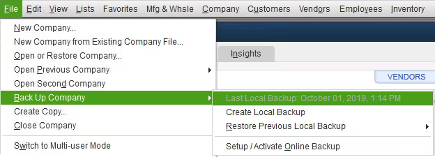 Screenshot showing how to back up your company file on QuickBooks Desktop.