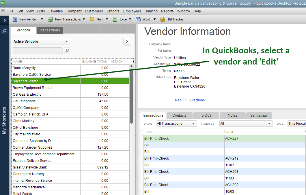 Screenshot showing how to edit vendor information in QuickBooks Desktop.