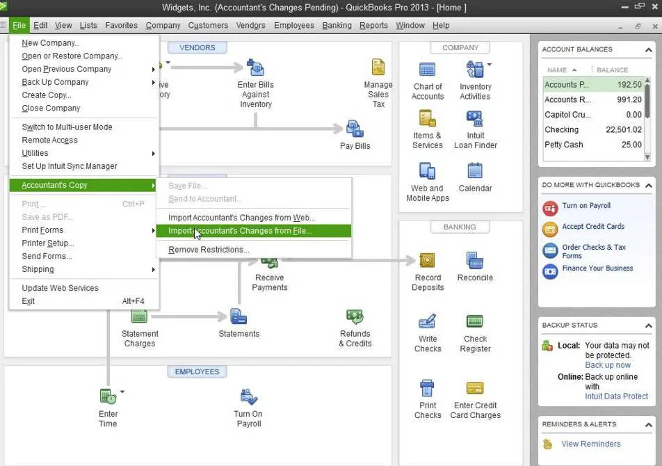 Screenshot showing how to import the "Accountant's Copy" in QuickBooks Desktop.