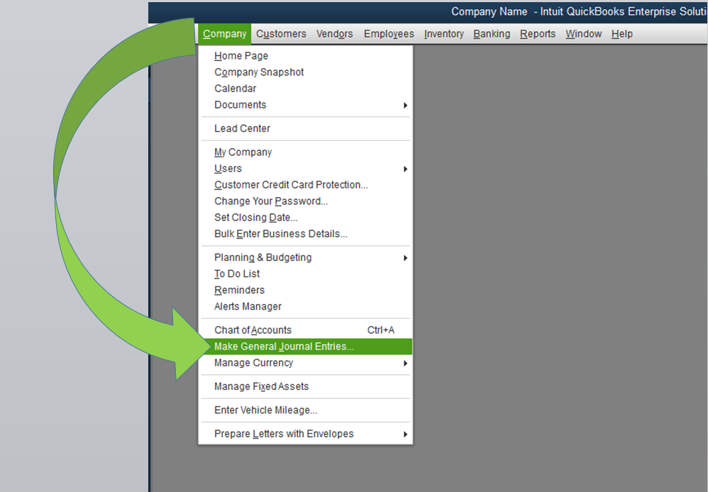 Screenshot showing where to access the "Make General Journal Entries" feature in QuickBooks Desktop.