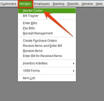 Screenshot showing how to access the Vendor Center in QuickBooks Desktop.