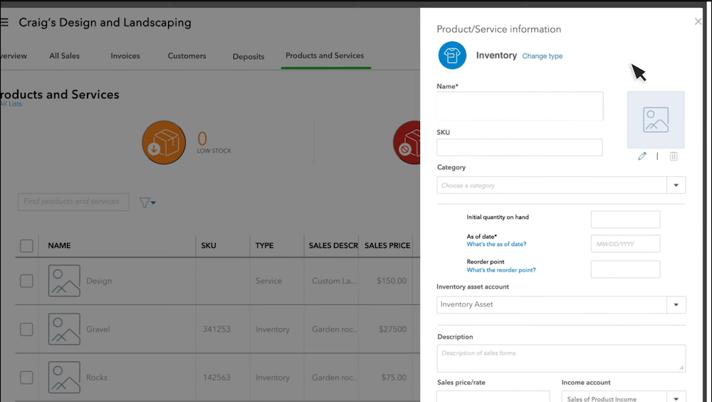 Screenshot showing how to add an inventory item in QuickBooks Online.