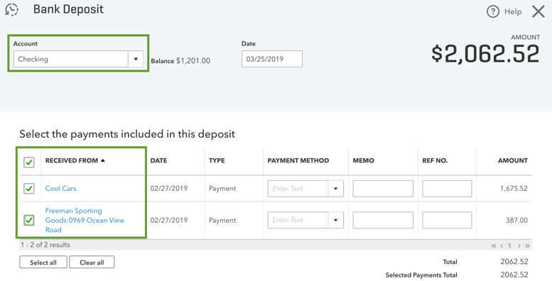 Screenshot showing a Bank Deposit screen in QuickBooks Online.