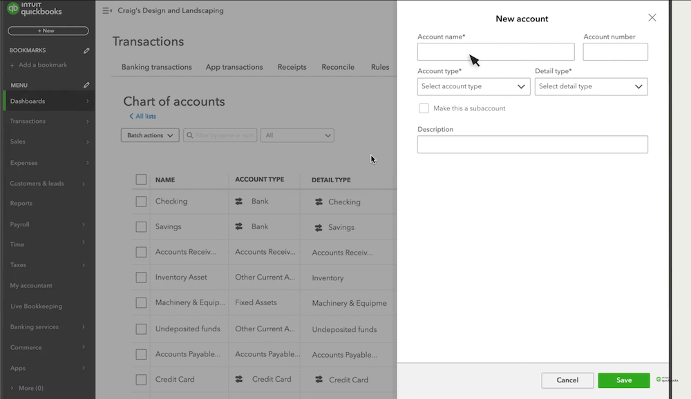 Screenshot showing how to add a new account to your chart of accounts in QuickBooks Online.