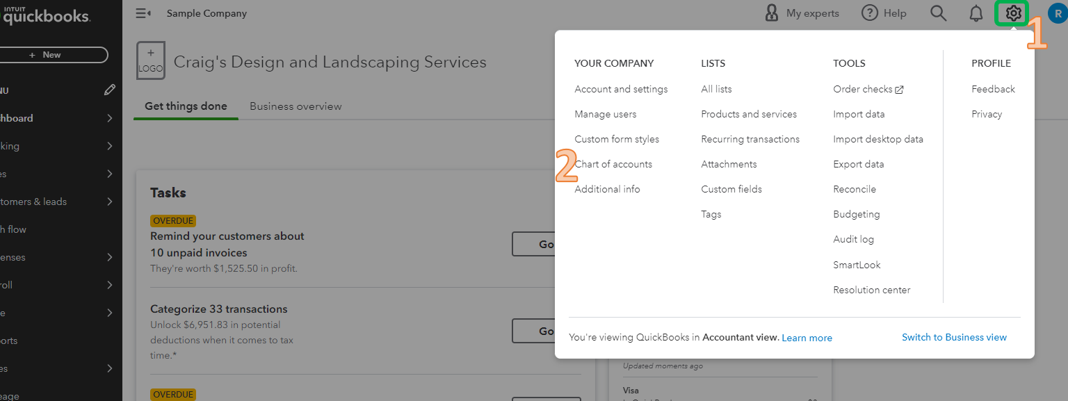 Screenshot showing how to access the Chart of Accounts in QuickBooks Online.