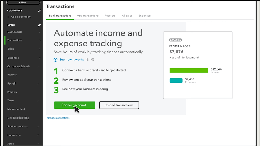 Screenshot showing how to connect your bank account in QuickBooks Online.