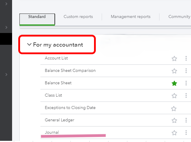 Screenshot showing where to access the 'Journal' page in the 'For my accountant' tab in QuickBooks Online.